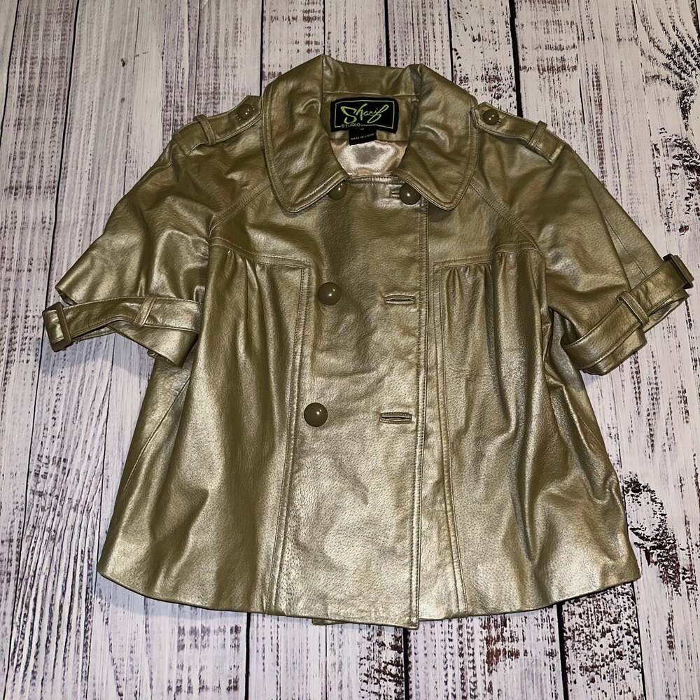 Sharif Studio Metallic Gold Leather Y2K Cropped Avant Garde Jacket-S